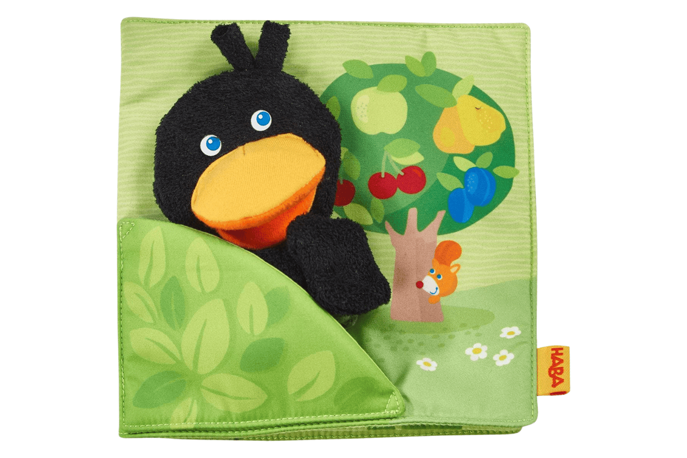 Haba Orchard Soft Book with Raven Finger Puppet, stroller book, soft crinkle book, book with puppet, puppet book, busy book for toddlers, busy book, My First Orchard book Toronto,