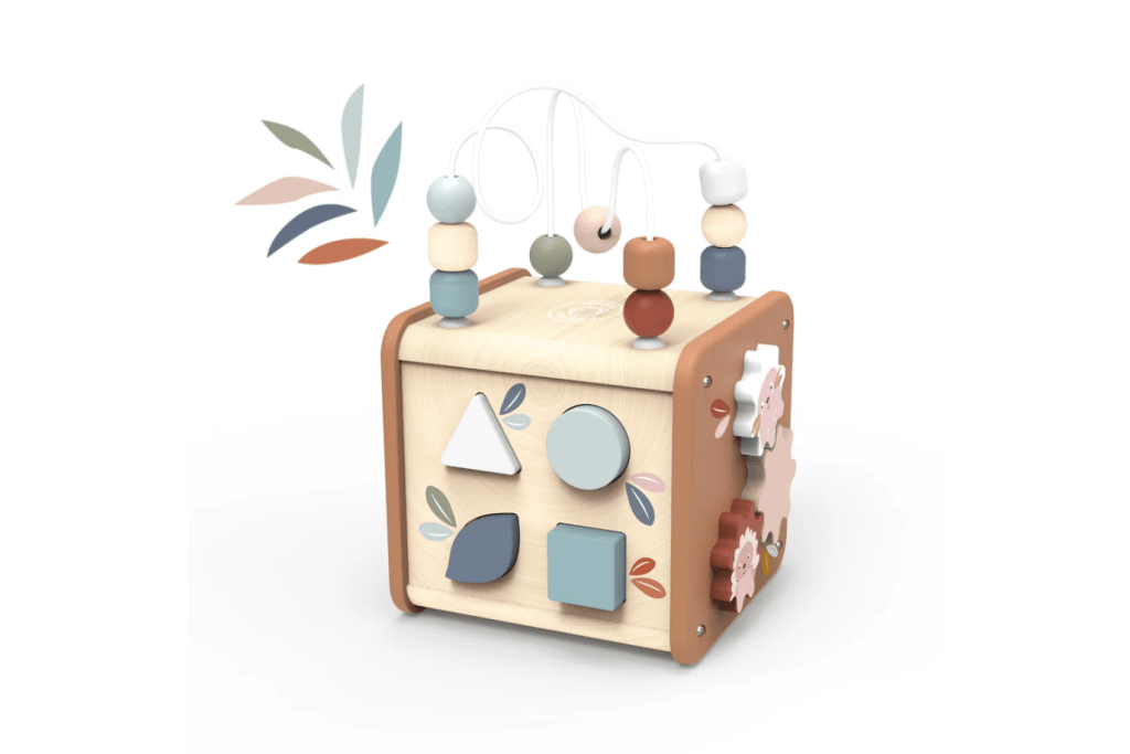 5 in 1 Activity Cube, wooden activity cube, bead maze activity cube, wooden shape sorter cube, toddler educational cube, developmental activity cube, counting and sorting cube, FSC wooden activity cube, non toxic wooden activity cube, The Montessori Room, Toronto, Ontario, Canada.