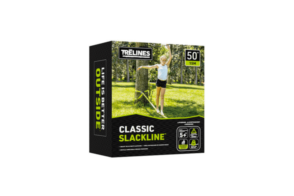 50 ft. Classic Slackline, 5 years and up, includes This 50′ classic Slackline kit includes 2 ropes (including a “teaching” line that you can grab onto), custom metal ratchet, and storage bag, gross motor toys for kids, outdoor toys for kids, The Montessori Room, Toronto, Ontario, Canada.