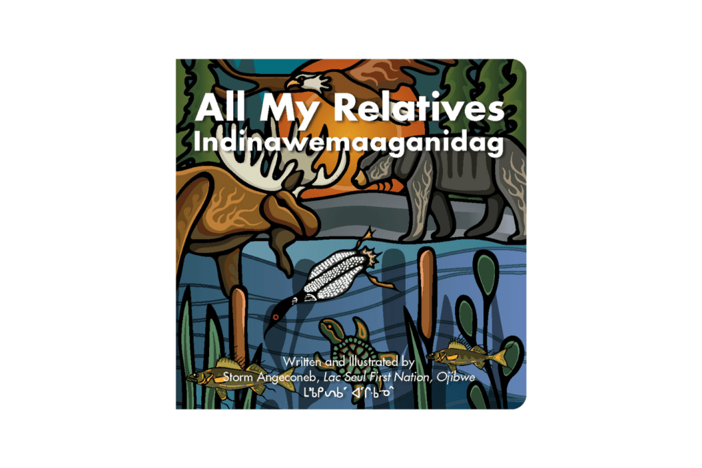 All My Relatives (Indinawemaaganidag) by Storm Angeconeb, Board book, Native Northwest, children's books in Ojibwe, The Montessori Room, Toronto, Ontario, Canada.