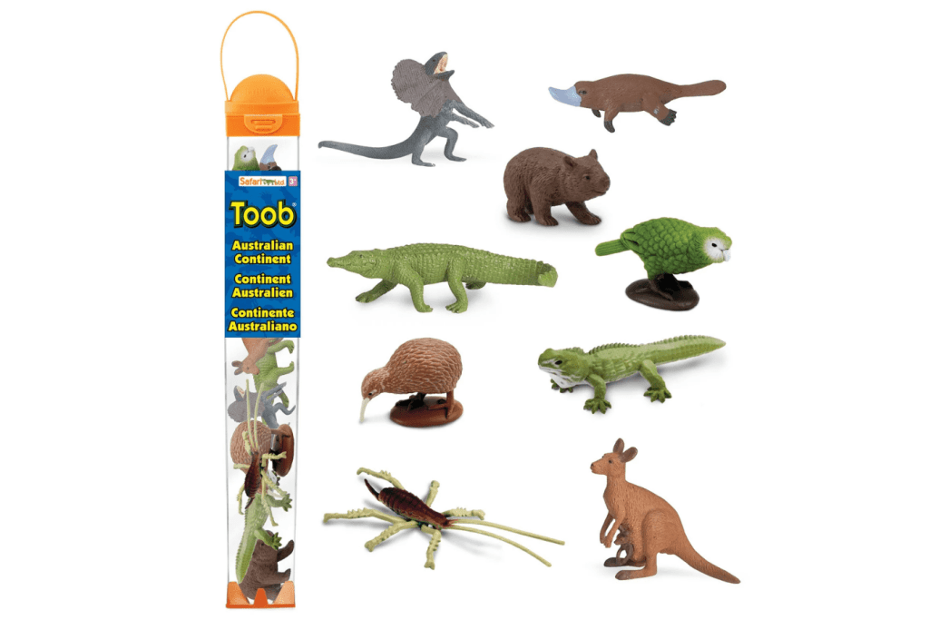 Australian Continent Toob®, a Frilled Lizard, a Platypus, a Wombat, a Crocodile, a Kakapo, a Kiwi, a Tuatara, a Giant Weta, and a Kangaroo, Montessori language materials, realistic figurines, sensory bins, The Montessori Room, Toronto, Ontario, Canada.