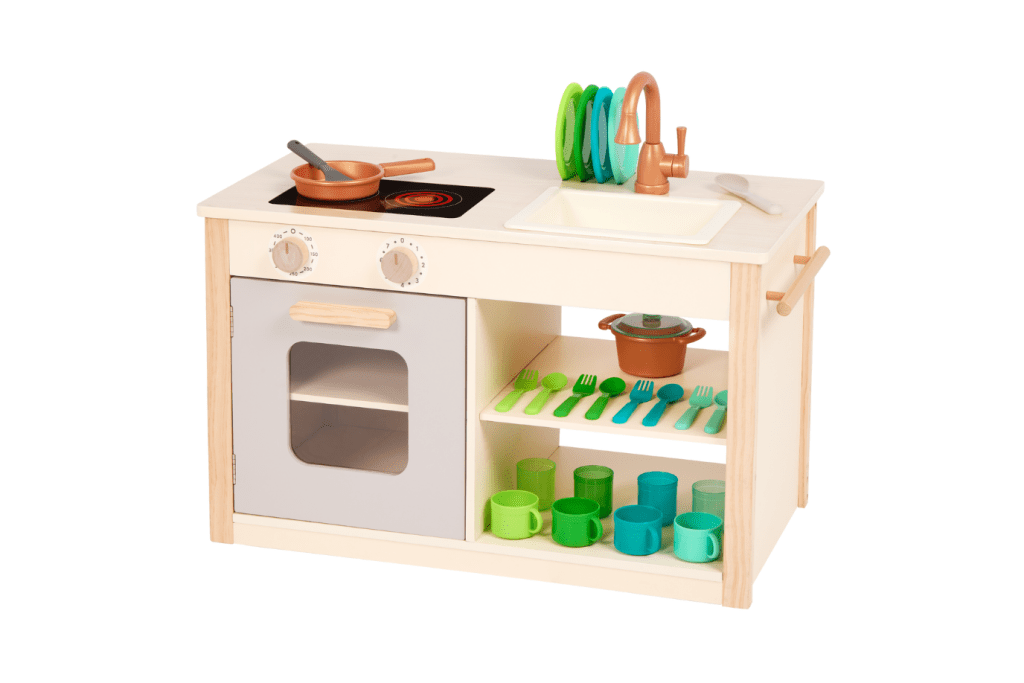 Battat Wooden Kitchen and Accessories, Two n’ One Cookin’ Fun, pretend kitchen for toddlers, wooden kitchen for toddlers, play kitchen for toddlers, pretend play toys, best toys for toddlers, The Montessori Room, Toronto, Ontario, Canada.