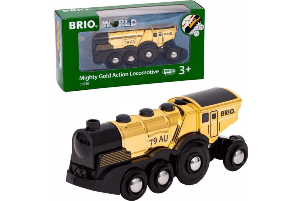 Brio Mighty Gold Action Locomotive, battery-powered train, Brio, Brio accessories, wooden train set, best wooden train set, high quality wooden train set, best gifts for kids, The Montessori Room, Toronto, Ontario, Canada.