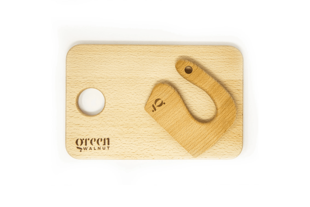 Children’s Wooden Knife & Cutting Board, Green Walnut, child-safe cutting tools, toddler cutting knife, food preparation tools, practical life tools, classroom quality practical life tools, child-safe knife, toddler knife, children's knife, The Montessori Room, Toronto, Ontario, Canada.