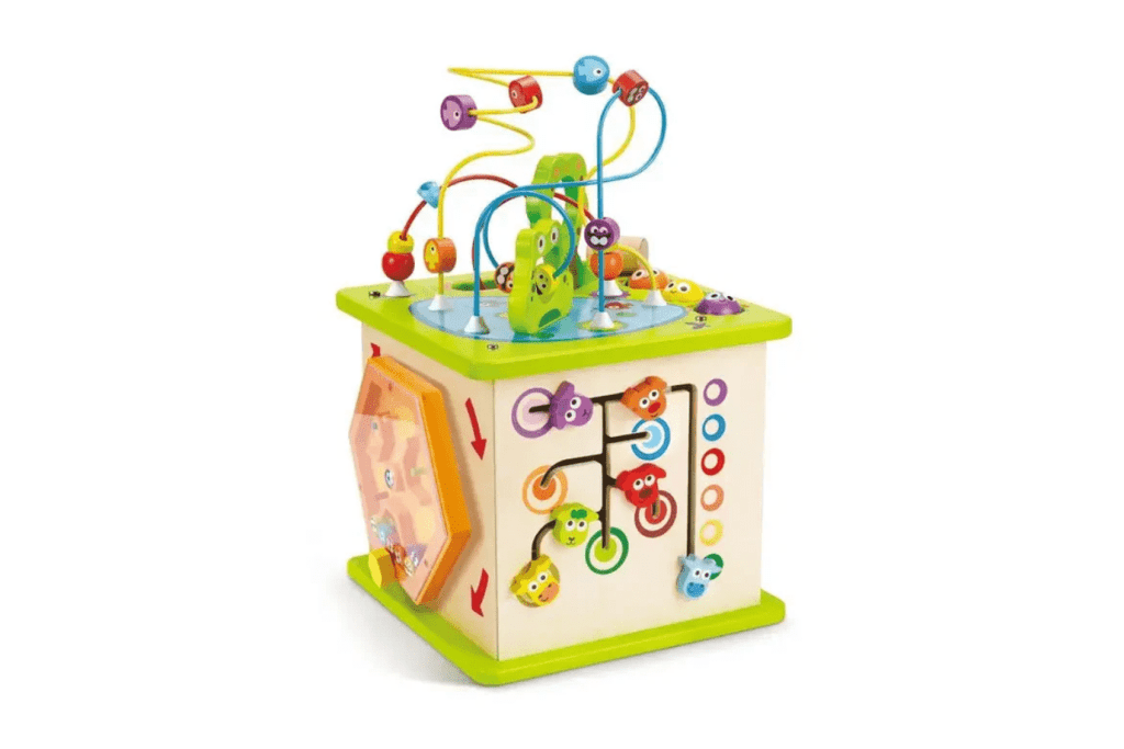 Hape Country Critters Activity Cube, activity cube for toddlers, wooden activity cube, wooden bead maze for kids, activity block for kids, waiting room toys, toys for waiting rooms, wooden activity block, Toronto, Canada