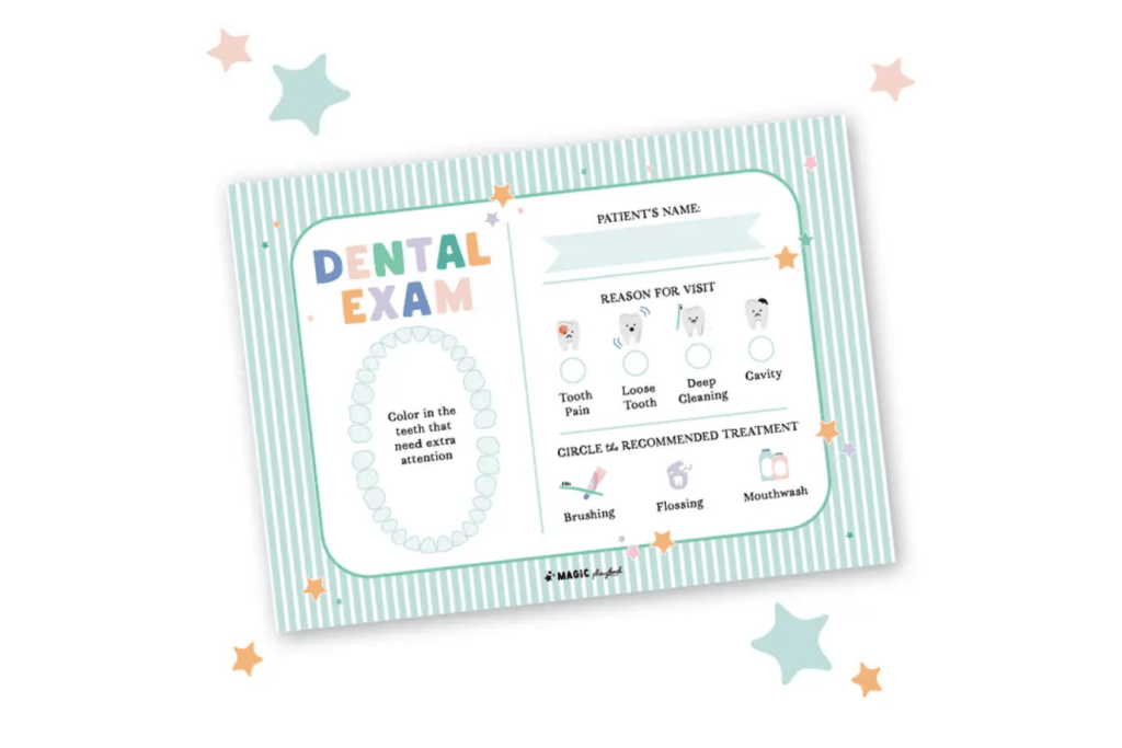 Dentist Check-Up Notepad, MagicPlaybook, imaginative play, pretend play, pretend dentist, imaginative play dentist, dentist accessories, stocking stuffers for 3 years and up, best gifts for children who like pretend play, The Montessori Room, Toronto, Ontario, Canada.