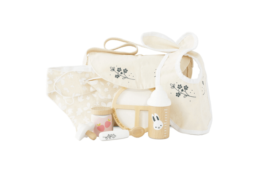 Roleplay - Doll Nursing Kit and Bag, Doll Feeding and Diaper Bag, pretend play toys, baby doll accessories, The Montessori Room, Toronto, Ontario, Canada.