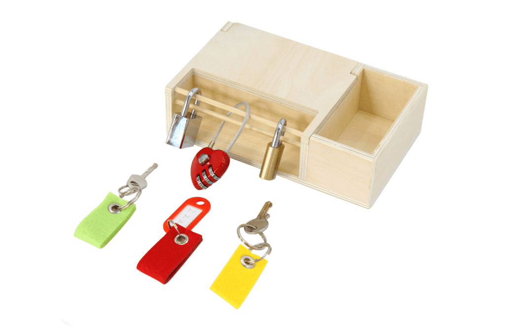 Locks and Keys Set, 3 years and up, Montessori Practical Life, Montessori Casa Classroom Materials, budget-friendly Montessori materials, best fine motor activities for preschoolers,  The Montessori Room, Toronto, Ontario, Canada.