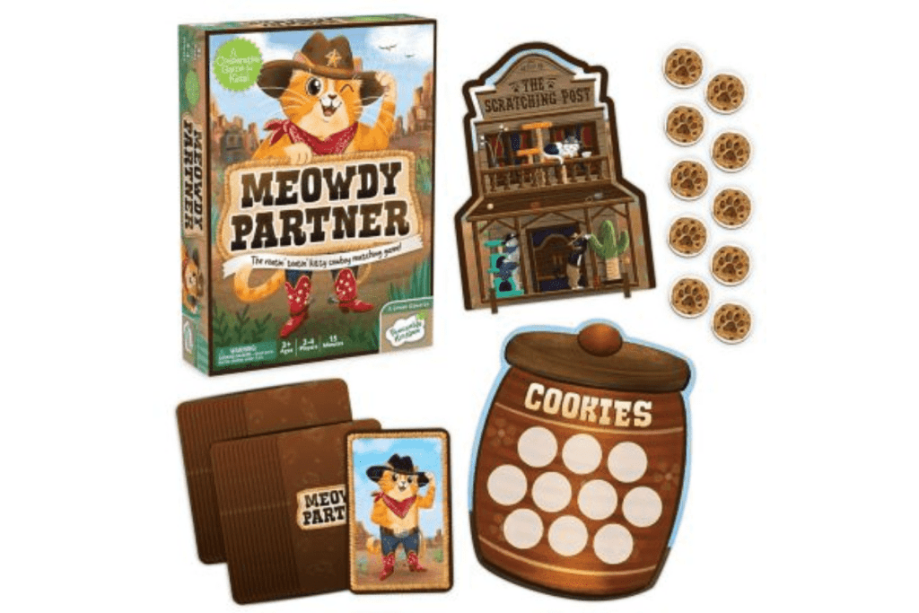 Meowdy Partner - The Kitty Cowboy Matching Game!, Peaceable Kingdom, cooperative board games, board games for 3 year olds, first board game ideas, The Montessori Room, Toronto, Ontario, Canada.