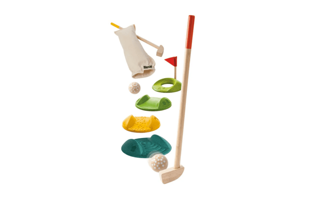 Plan Toys Mini Golf Full Set, 3 years and up, indoor toys, outdoor toys, best outdoor toys for kids, classroom quality toys, gifts for little golf lovers, The Montessori Room, Toronto, Ontario, Canada.