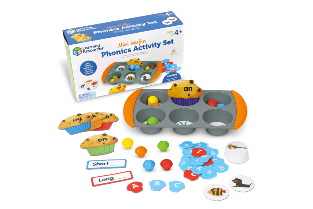 Mini Muffin Phonics Activity Set, Learning Resources, toys that help children with phonics, toys that help children learn to read, toys that help children learn to spell, word building, word families, rhyming words, letter recognition, classroom toys, The Montessori Room, Toronto, Ontario, Canada.