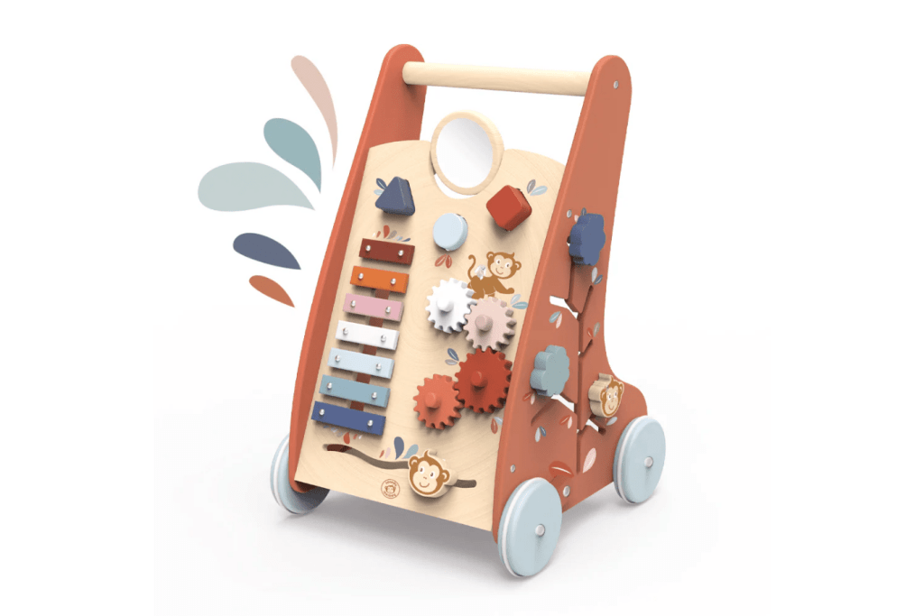 Multi-Activity Walker, Speedy Monkey, wooden baby walker, toddler activity walker, wooden push walker with toys, multi-activity walker, baby walker with brake, wooden walker with storage, toddler learning walker with activities, wooden walker toy for babies, The Montessori Room, Toronto, Ontario ,Canada.