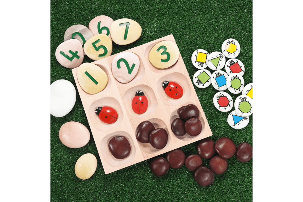 Natural Sorting Tray, Yellow Door, Montessori sorting trays, outdoor sorting tray, outdoor toys for preschoolers, learning to count, The Montessori Room, Toronto, Ontario, Canada.