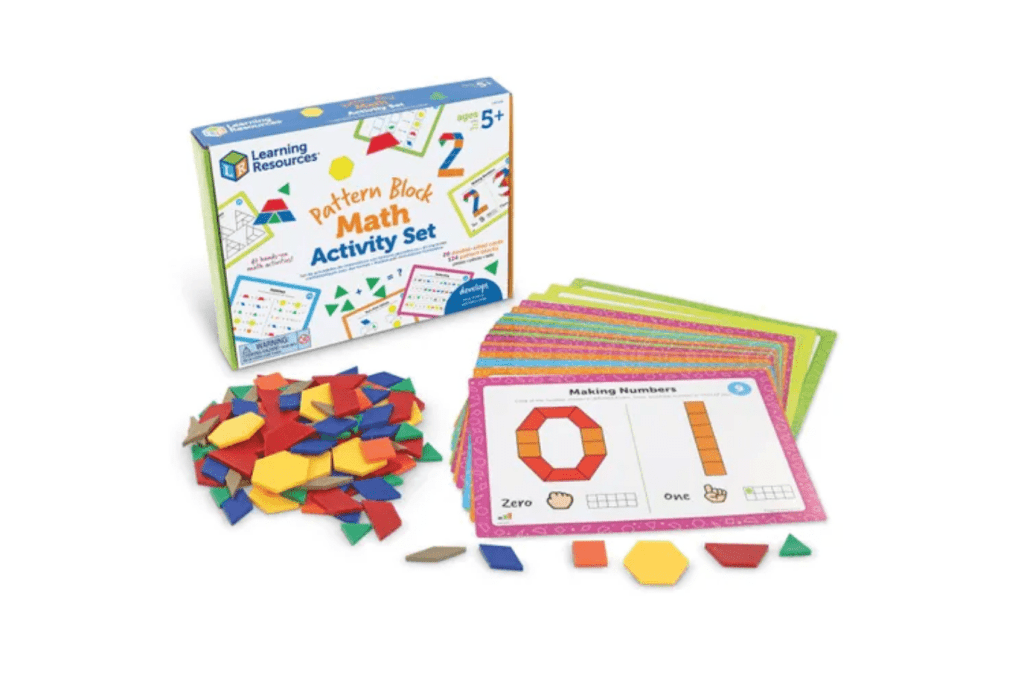 Pattern Block Math Activity Set, Learning Resources, math activity sets for children 5 years and up, kindergarten prep, kindergarten readiness, kindergarten math activities, classroom activities, The Montessori Room, Toronto, Ontario, Canada.