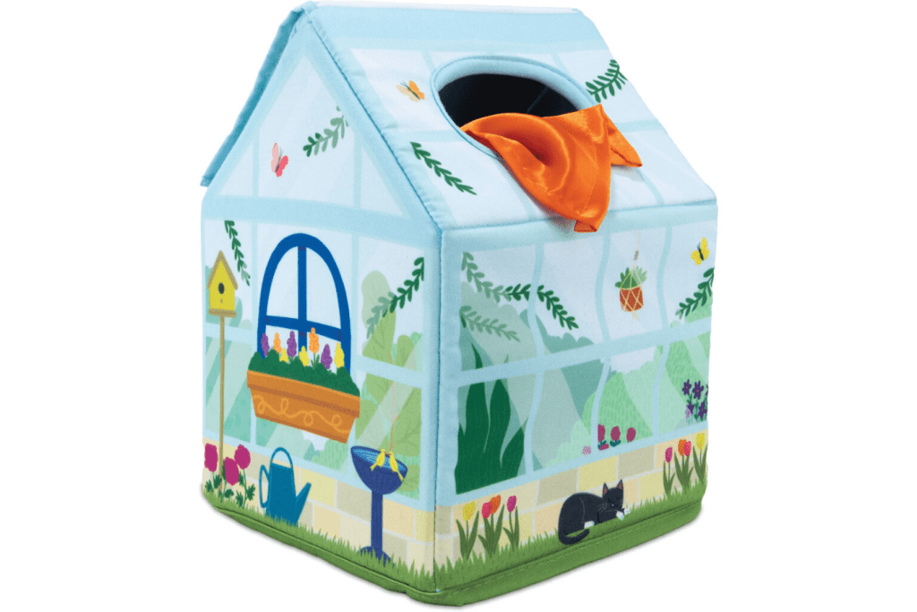 Peek and Pull Tissue Box, Sensory Sprouts Peek & Pull Tissue Box, Mindware, sensory toys for infants, fine motor toys for infants, best toys for infants, best-selling toys for infants, tactile toys for infants, The Play Kits by Lovevery, Lovevery, Montessori toy subscription, buy Lovevery item individually, Lovevery Canada, Lovevery in store, The Senser Play Kit 5 to 6 Months, The Montessori Room, Toronto, Ontario, Canada.