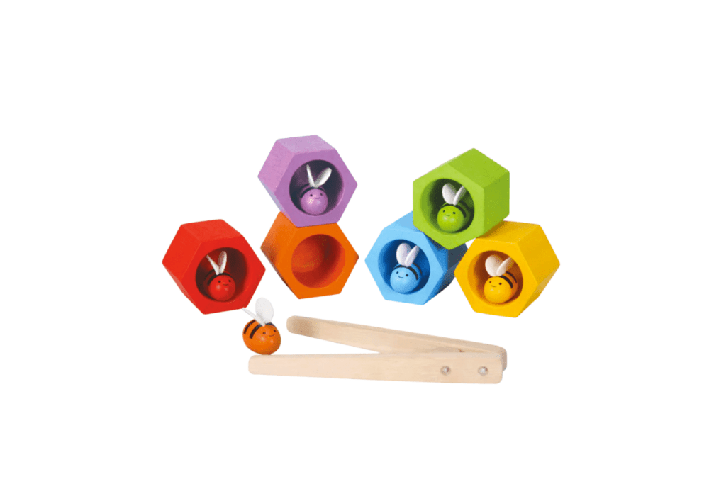 Plan Toys Beehives, match bee to beehive, colour matching activity for toddlers, colour matching for kids, colour matching activity, tonging activity, Montessori activities for at home, Montessori activities, Montessori toys toronto, Canada