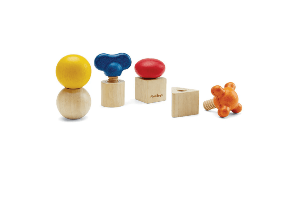 Plan Toys Nuts & Bolts, bolt and screw activity, screwing activity for kids, fine motor activity for kids, activity to develop hand-eye coordination, shelf work for kids, Montessori shelf work for toddlers, montessori toys, Toronto, Canada