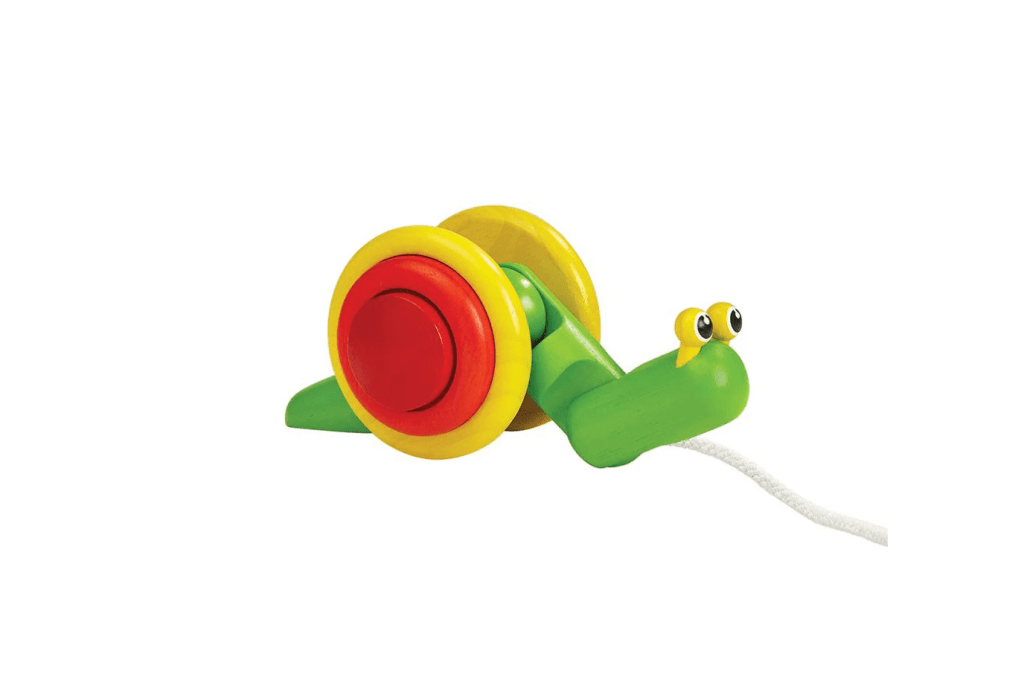 Plan Toys Pull Along Snail, toddler pull toy, pulls snail for kids, pull toys for kids, wood toys for toddlers, Montessori wood toys for toddlers, gross motor toys for toddlers, Toronto, Canada