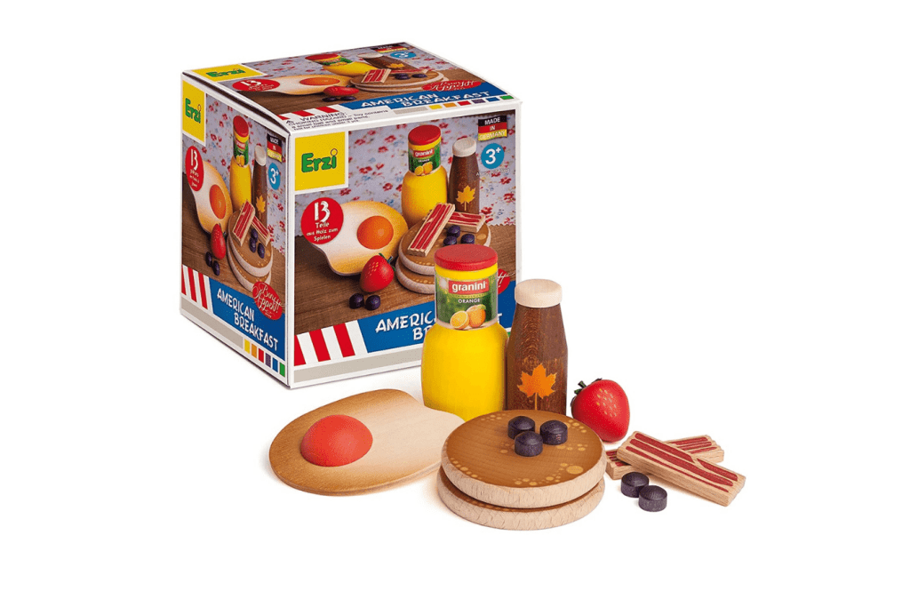 Assortment American Breakfast By Erzi, Toronto, Canada, pretend wooden pancakes, pretend wooden breakfast food, pretend wooden eggs, pretend wooden bacon.