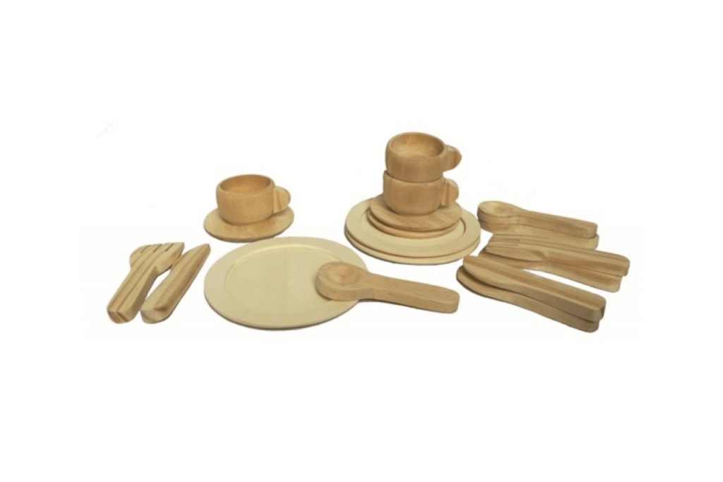 Pretend Wooden Dinner Set, Egmont Toys, 3 years and up, 3 place settings, wooden toys for kids, pretend play, language materials, The Montessori Room, Toronto, Ontario, Canada.