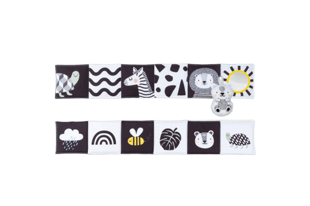 Savannah Black & White Book, gifts for newborns, best toys for newborns, high contrast book, 3 in 1 toys for infants, travel toys for infants, The Montessori Room, Toronto, Ontario, Canada.