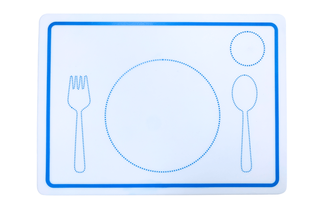 Montessori Silicone Placement - The Montessori Room, Montessori placemat, Toronto, Ontario, Canada, Montessori materials, Montessori dish set, Montessori placemat, toddler placemat, children's placemat, teaching tool, Montessori practical life materials, toddler kitchen materials, toddler kitchen supplies, placemat with outline of dishes for kids