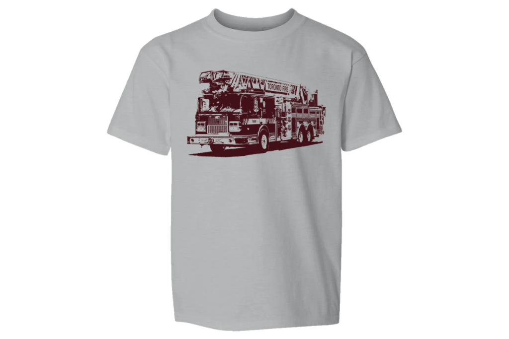Toronto Fire Truck Kids T-Shirt, tresnormale, Made in Canada, City of Toronto Fire Truck t-shirt for kids, Gifts for firetruck lovers, Toronto souvenirs for kids, The Montessori Room, Toronto, Ontario, Canada.