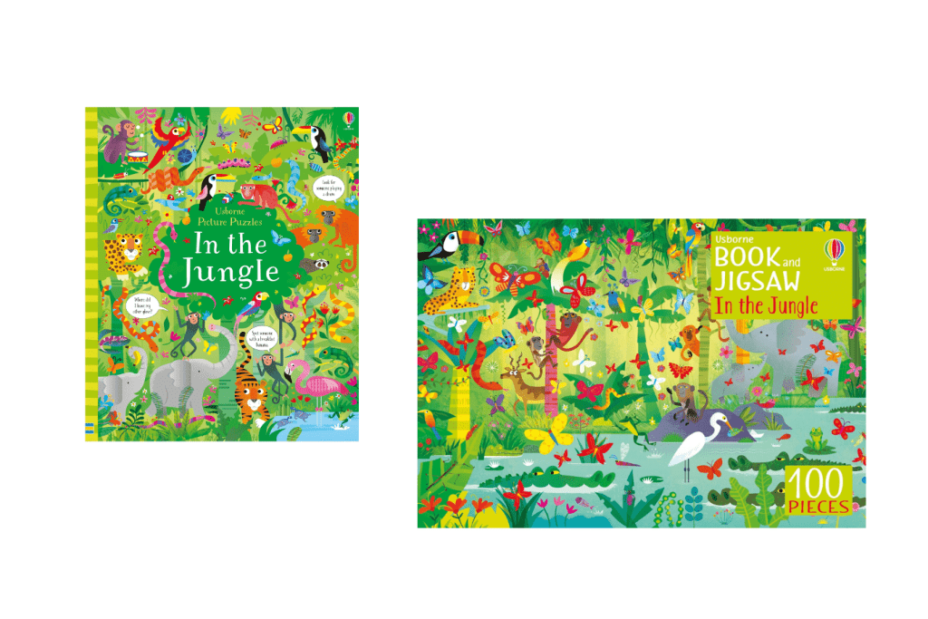 Usborne Picture Puzzles: Book + Puzzle, Usborne Book and Jigsaw At the Zoo, Usborne Book and Jigsaw In the Jungle Usborne Book and Jigsaw Coral Reef, best gifts for 5 year old, best gifts for 6 year old, best gifts for 7 year old, best gifts for 8 year old, 100 piece jigsaw puzzle for kids, 300 piece jigsaw puzzle for kids, The Montessori Room, Toronto, Ontario, Canada.