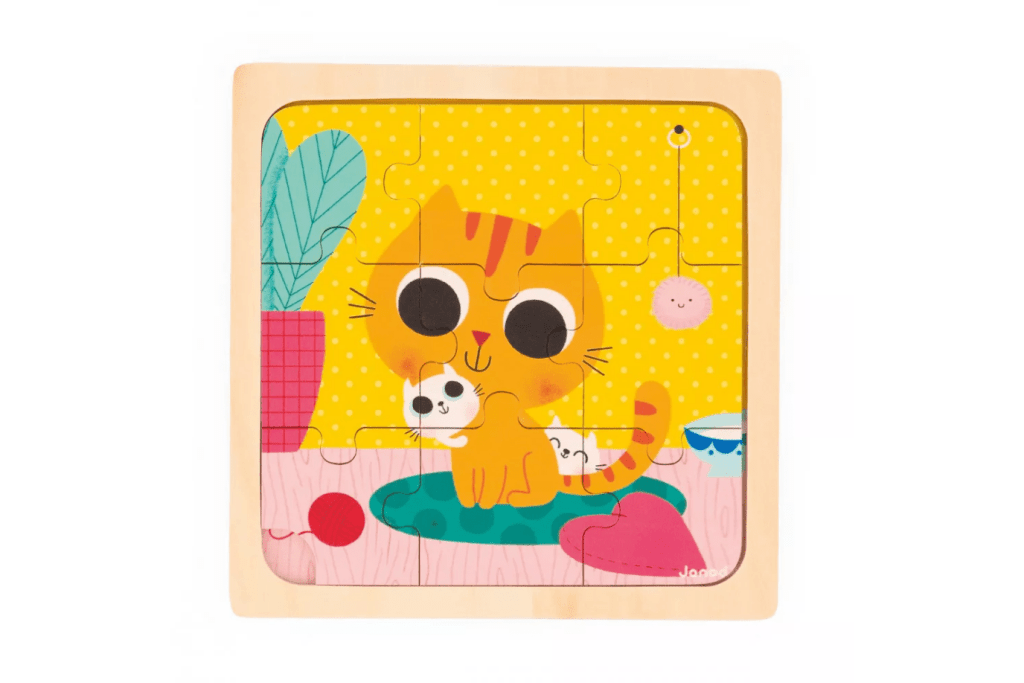 9 Piece Beginner Puzzle - Cats, Peanut the Cat, Janod, wooden puzzles for toddlers, 9 pieces, best wooden toys for toddlers, The Montessori Room, Toronto, Ontario, Canada.