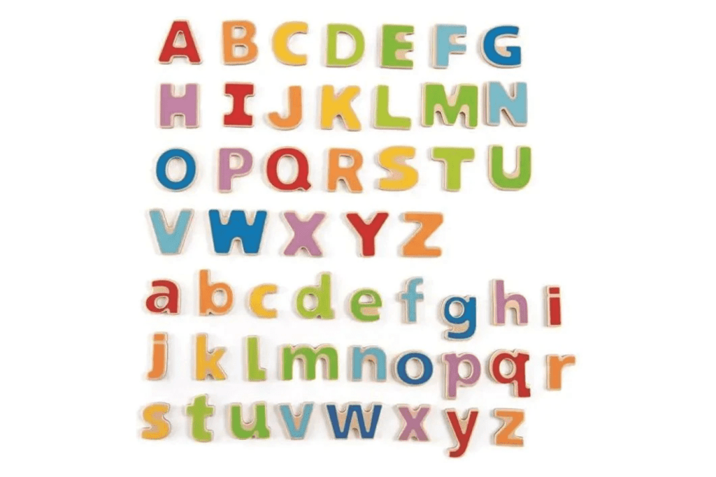 ABC Magnetic Letters by Hape, 52 pieces, lower and uppercase letters, 3 years and up, colourful letters, fridge magnets for kids, letter recognition, classroom quality materials, The Montessori Room, Toronto, Ontario, Canada.