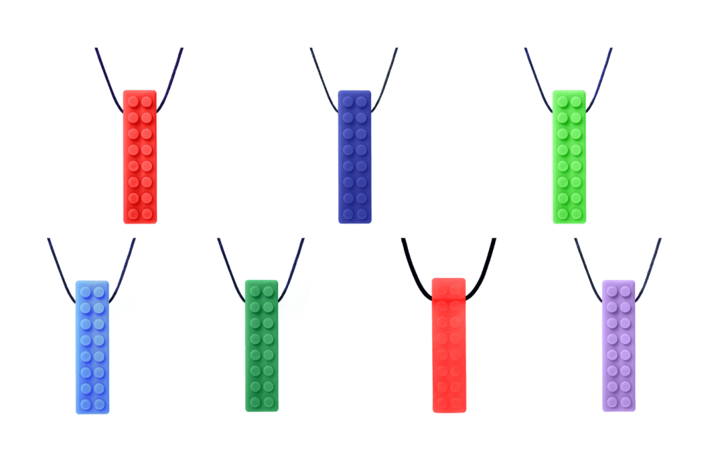 ARK's Brick Stick® Textured Chew Necklace, various colours and toughness levels, oral fidget, self-regulation tools, oral motor therapy tools, Chewlery, 5 years and up, The Montessori Room, Toronto, Ontario, Canada.