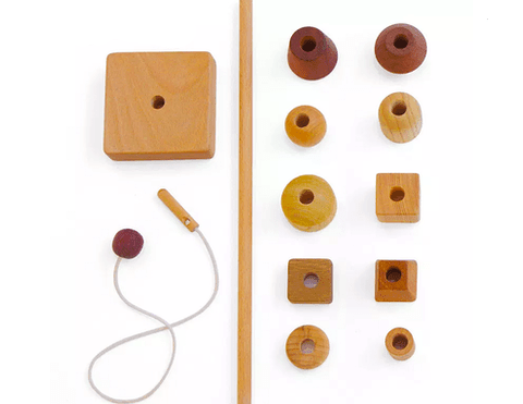 Beads on a Vertical Dowel and Bead Stringing - 2 Activities in 1 - The Montessori Room, Toronto, Ontario, Canada, Montessori activities, Montessori shelf work, threading activity, beading activity, beading toys for kids, threading toys for kids, wooden toys, wooden Montessori materials, fine motor toys