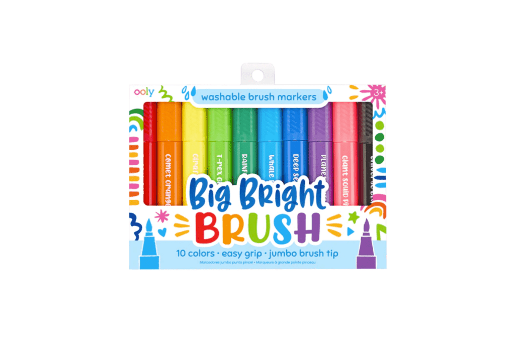 Big Bright Brush Markers (set of 10) by Ooly, washable brush markers, chunky barrels for small hands, easy grip, jumbo brush tip, vibrant colours, 3 years and up, art supplies for kids, art supplies for children, gift for little artists, develop creativity, The Montessori Room, Toronto, Ontario, Canada.