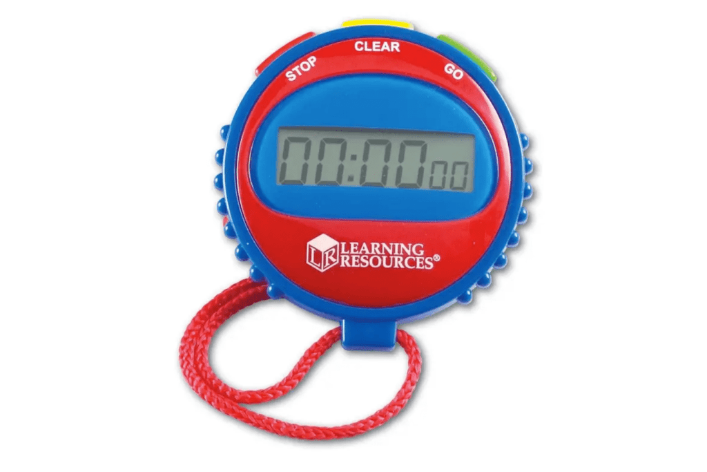 Children's Simple Stopwatch by Learning Resources,  3 buttons—green for go, red for stop and yellow for clear, measures 3" high,  one 1.5 V button-cell battery included, ages 5 and up, use for timed exercises, science experiments, races, and more.  The Montessori Room, Toronto, Ontario, Canada.
