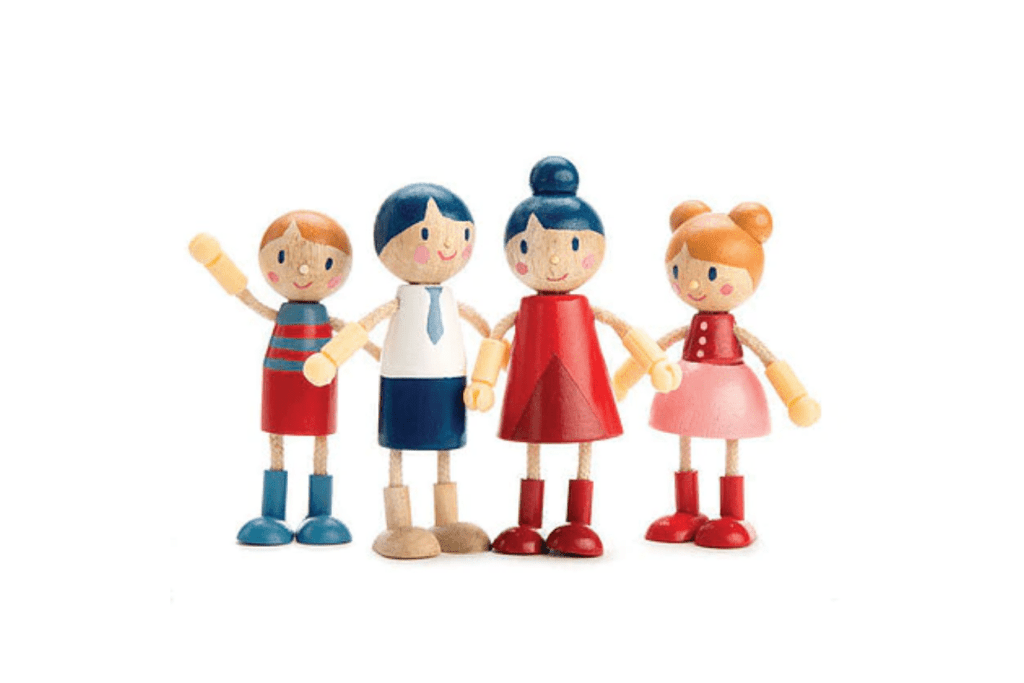 Doll Family by Tender Leaf Toys, doll house accessories, 3 years and up, wooden dolls, flexible arms, mom, dad, brother and sister, imaginative play, The Montessori Room, Toronto, Ontario, Canada.