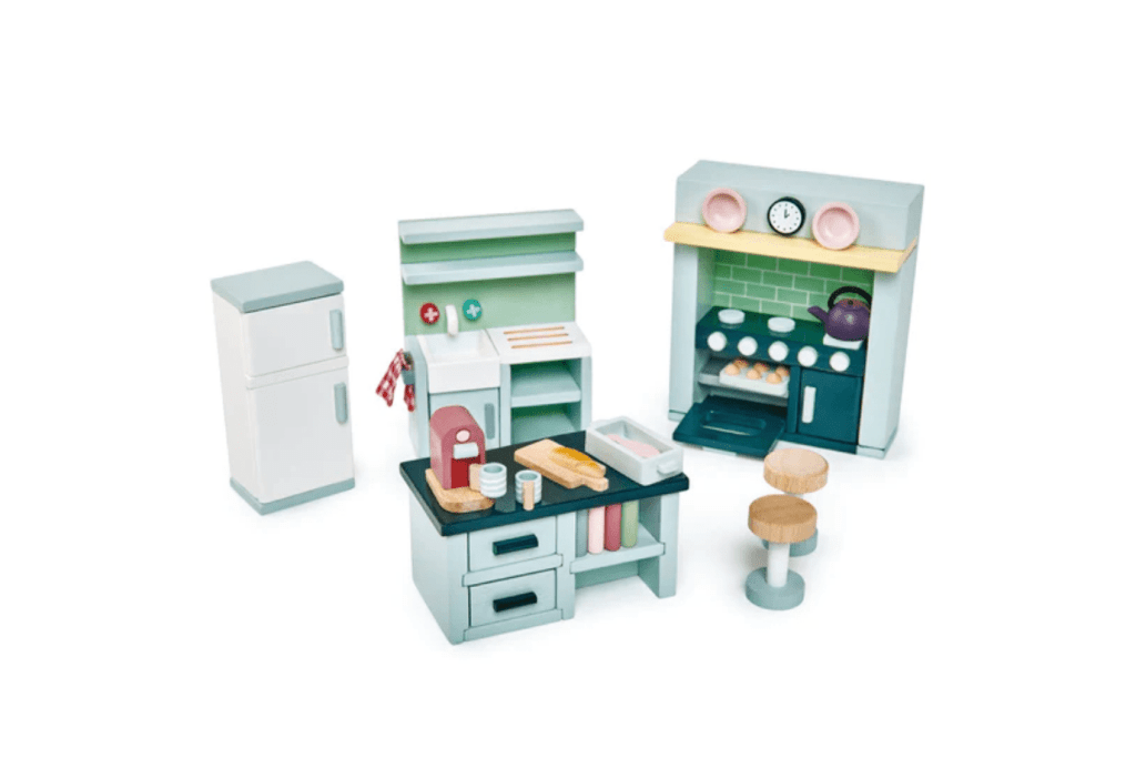 Dovetail Kitchen Set by Tender Leaf Toys, wooden doll house accessories, 3 years and up, Includes 22 pieces - 2 bar stools, island unit, oven unit, fridge, sink unit, kettle, Fish pot, coffee machine with cups, 2 plates, baguette on a chopping board, a tray of muffins and other accessories, best wooden doll house accessories, imaginary play, The Montessori Room, Toronto, Ontario, Canada.