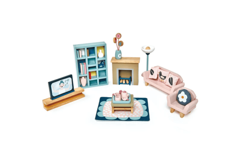 Dovetail Sitting Room Set by Tender Leaf Toys, wooden doll house accessories, 3 years and up, Includes 33 pieces -  a sofa with 3 printed cushions, coffee table, standard lamp, fireplace with logs, vase of flowers, television, armchair with a printed cushion, printed rug, bookcase with accessories and tea tray, best wooden doll house accessories, imaginary play, The Montessori Room, Toronto, Ontario, Canada.