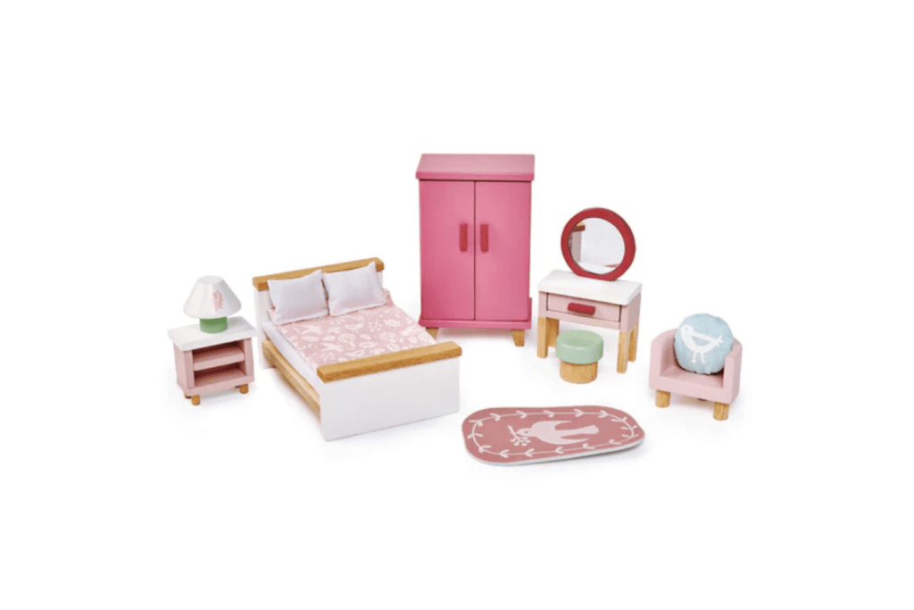 Dovetail Bedroom Set by Tender Leaf Toys, wooden doll house accessories, Includes 15 pieces - a double bed with bedding, wardrobe, bedside table, lamp. dressing table, stool, printed rug, 3 cloth hangers and a chair with a printed cushion, 3 years and up, best doll house accessories, imaginary play, The Montessori Room, Toronto, Ontario, Canada.
