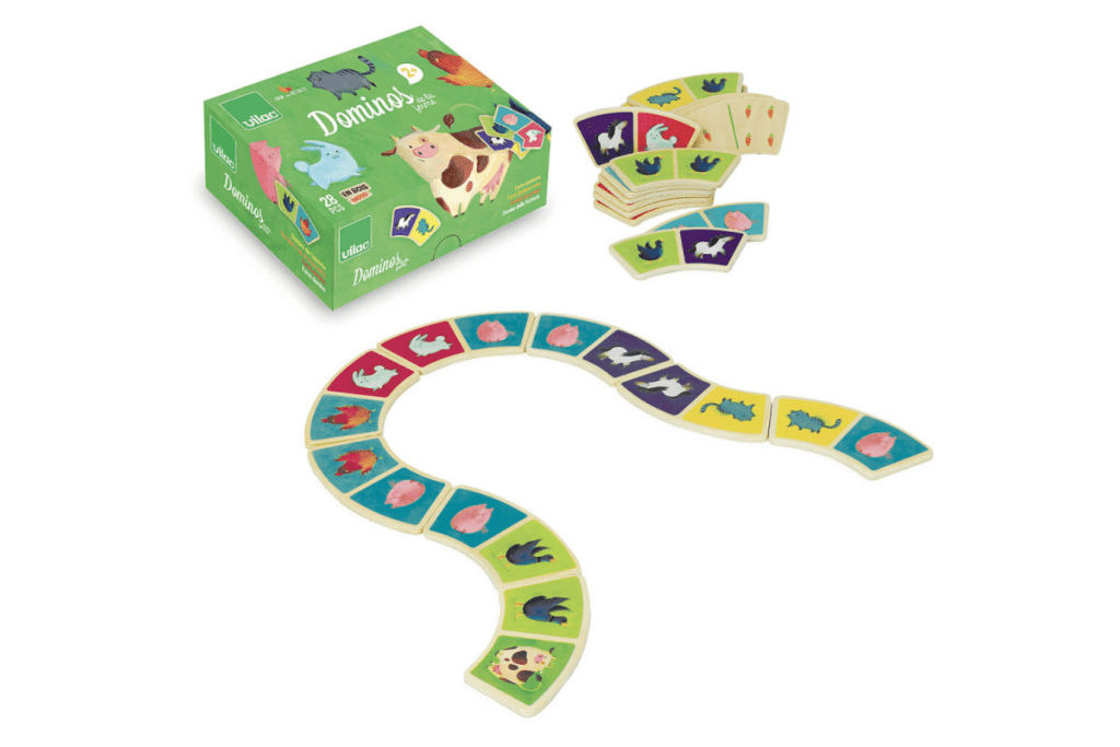 Farm Dominoes Game by Vilac, 28 wooden pieces, farm-themed dominoes, reversible dominoes, one side a simple animal matching game, the other side matching quantities of carrots, independent play, cooperative play, family game, 2 years and up, The Montessori Room, Toronto, Ontario, Canada.