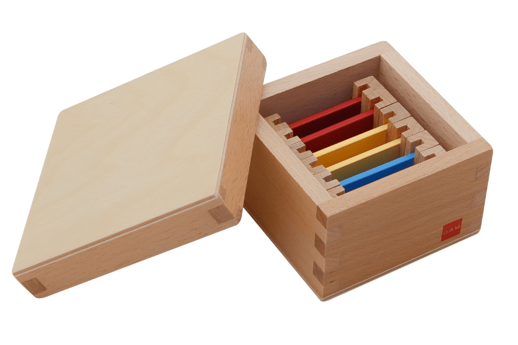 First Box of Colour Tablets, Montessori sensorial material, Montessori colour tablets, Montessori Casa classroom material, Montessori Primary classroom material, develop the chromatic sense, introduction to primary colours, AMI approved, GAM, The Montessori Room, Toronto, Ontario.