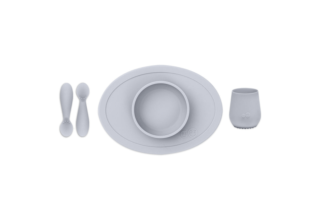 First Foods Set, ezpz, tiny cup, tiny spoons and tiny bowl, silicone table ware, utensils and table ware for infants and toddlers, Pewter, The Montessori Room, Toronto, Ontario, Canada.