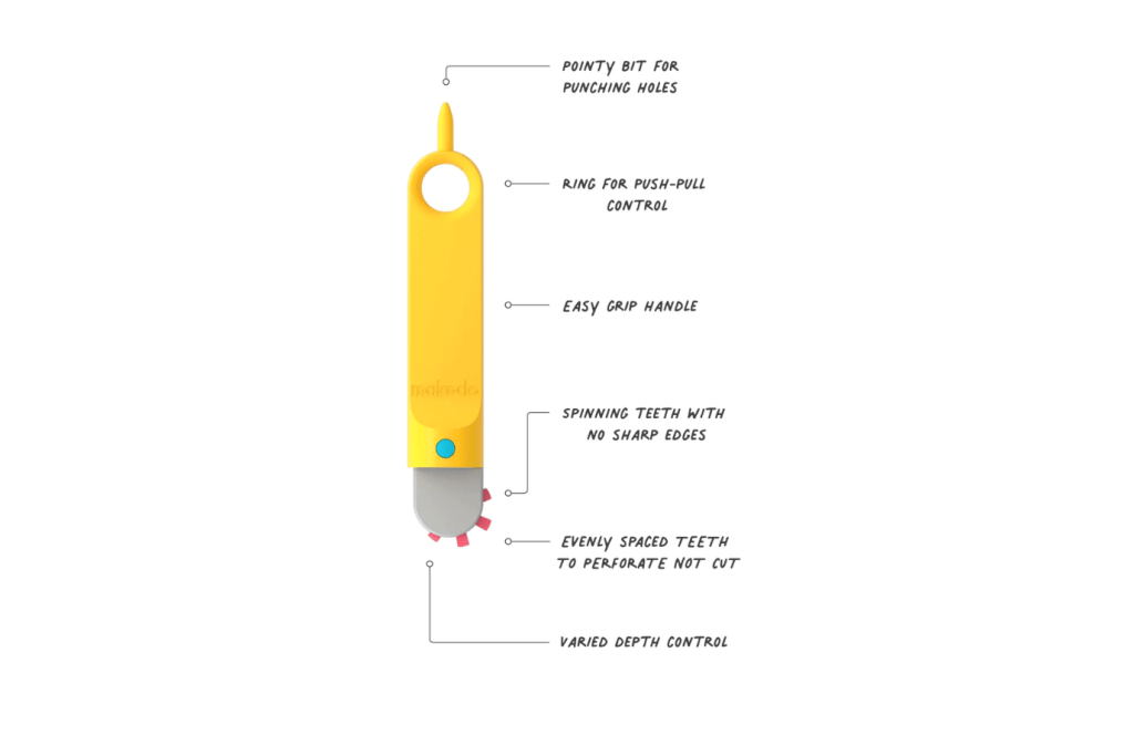 Fold-Roller by Makedo, cardboard cutting tool, 5 years and up, easy grip handle, spinning teeth with no sharp edges, perforates doesn't cut, develop creativity, little builders, foster imagination, cardboard forts, The Montessori Room, Toronto, Ontario, Canada. STEM toys for kids.