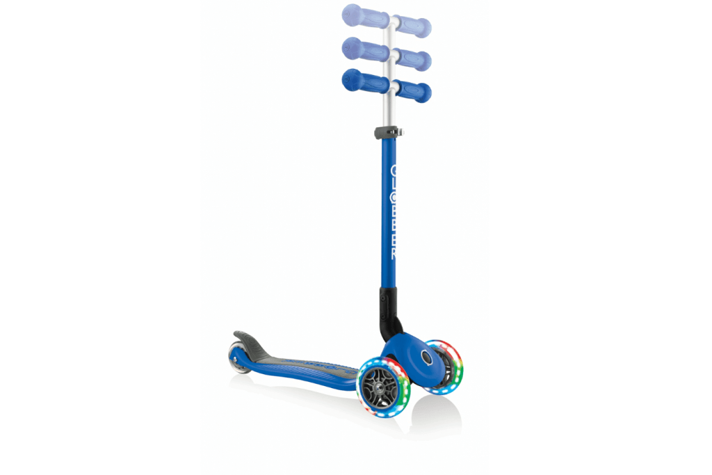 Globber Primo Foldable Scooter with Lights, award winning scooter for 3 year old, award winning scooter for 4 year old, award winning scooter for 5 year old, battery free lights, LED light up wheels, adjustable height, wide deck, ergonomic grips, gross motor toys for kids, The Montessori Room, Toronto, Ontario, Canada, Mastermind toys scooters