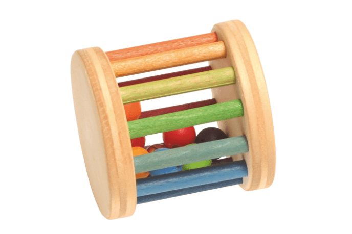 Grimm's Mini Rolling Wheel, Grimm's Toys, Grimm's rattle, Grimm's rolling wheel, Grimm's baby toys, best wooden toys for baby, best rolling wheel for baby, baby gift registry ideas, baby toys, wooden toys, The Montessori Room, Toronto, Ontario, Canada, mini rolling wheel, rolling wheel with bell, bell and balls rolling toy