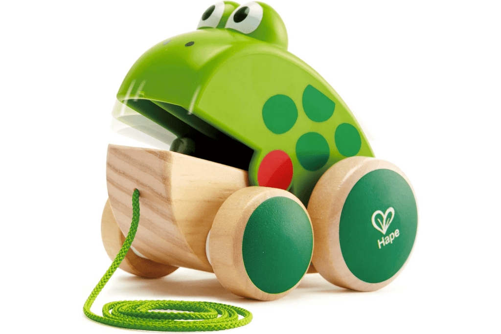 Hape Pull-Along Frog, 12 months and up, walking aids for toddlers, toys that encourage crawling and walking, wooden toys for toddlers, The Montessori Room, Toronto, Ontario, Canada.
