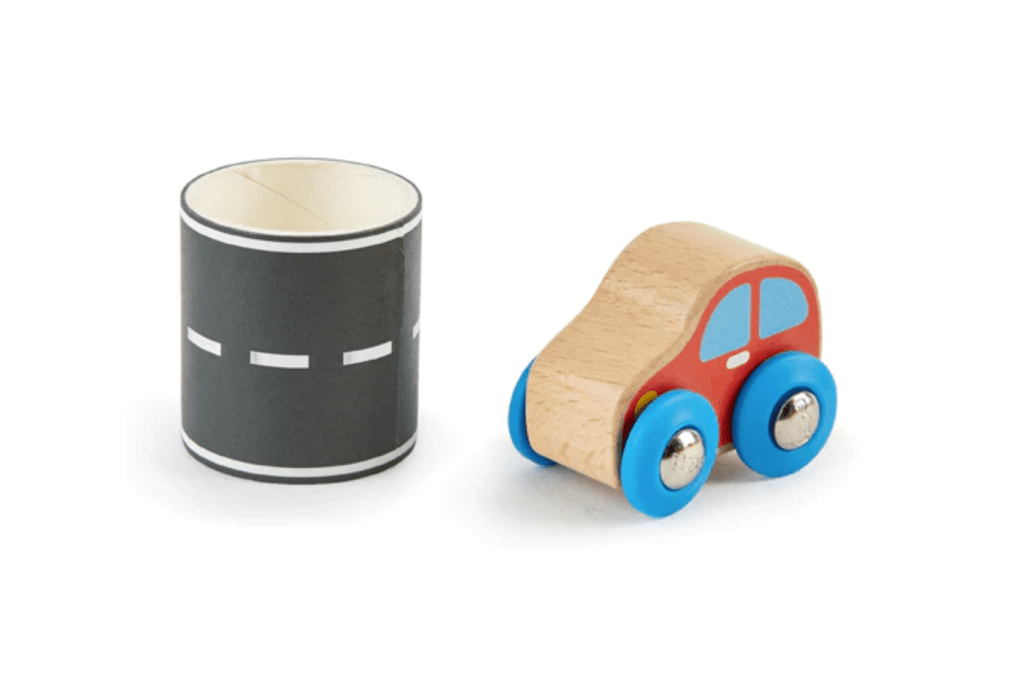 Hape Tape & Roll Vehicles - Car, wooden car, scenery tape, tape is 3 metres long, tape to floor, table, tray or window, travel toy, 2 years and up, wooden toys, imaginative play, car lovers, The Montessori Room, Toronto, Ontario, Canada.