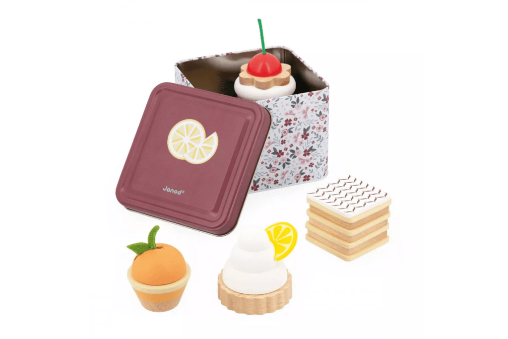 Janod Pastry Set, 3 to 8 years, 4 pastries, tin storage box, pretend play, imaginative play, best pretend play toys, The Montessori Room, Toronto, Ontario, Canada.