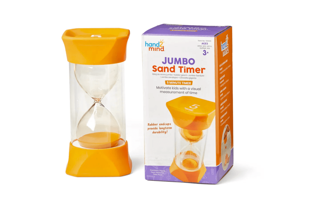 Jumbo Sand Timer - 5 Minutes by hand2mind, Toronto, Ontario, Canada.  The Montessori Room.  Visual aids for children, help with transitions, visual cues in classroom, classroom management, daily routine, home routine, toddlers, learning to tell time, preschool, time management, extra large timer, durable sand timer, 3 years and up.