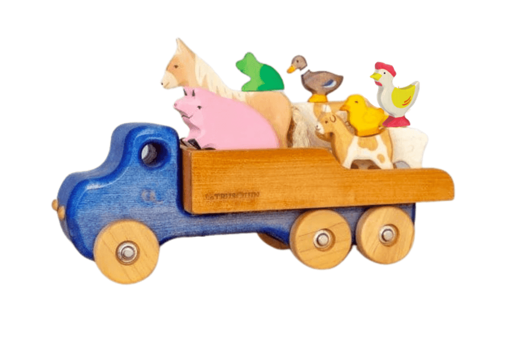 Little Blue Truck, Alice Schertle, animal figures to go with little blue truck book, wooden animals from little blue truck, blue truck from the book, Toronto, Canada