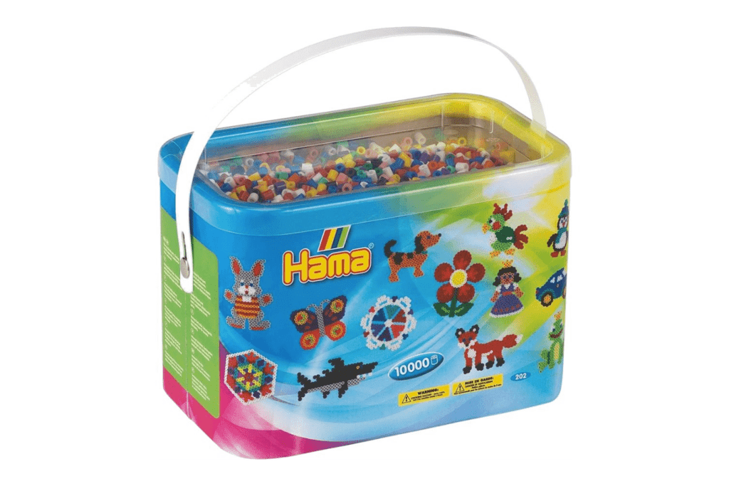 Midi HAMA Beads in a Bucket, reusable bucket, 10,000 Solid Mixed Midi Colour Beads, 5mm diameter, "regular" sized HAMA beads, White, Yellow, Orange, Red, Pink, Purple, Light Blue, Green, Light Green and Black, The Montessori Room, Toronto, Ontario, Canada, perler beads